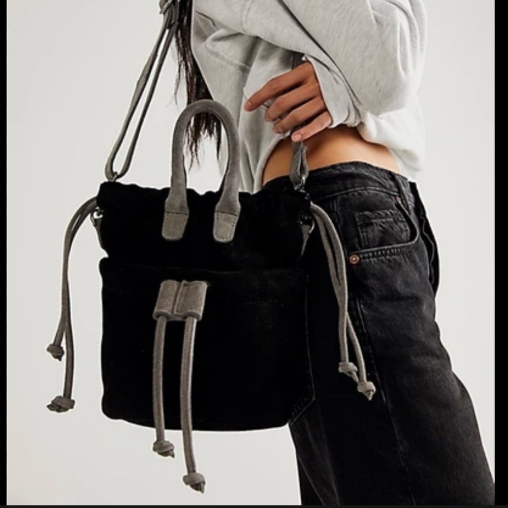 Free People Scout Slouchy Crossbody bucket Bag tote Black Suede NWT